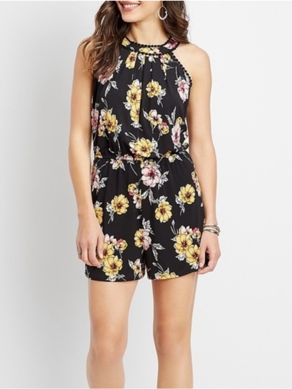 Maurices Black Floral Halter Romper